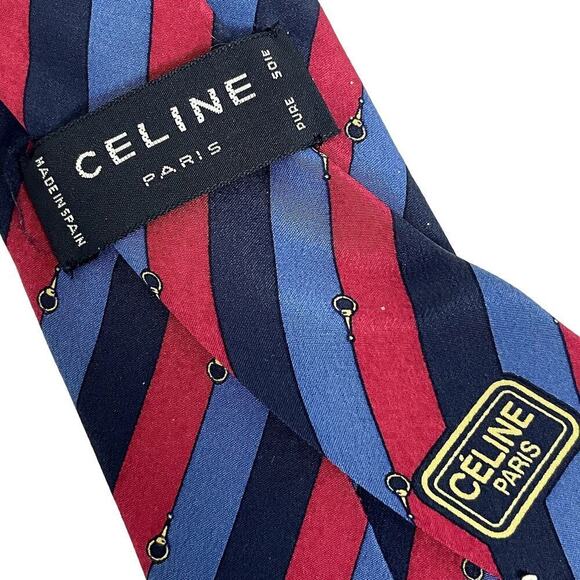 Celine Paris Luxury Designer Necktie Gold Red Blue Striped Logo - Picture 4 of 6